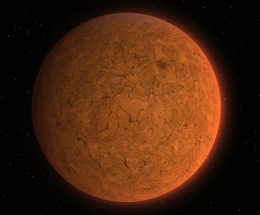 Close-up of a noise-based lava world. The orange-red surface is covered in a serpentine cracked pattern; there is no real terrain, just stretched procedural noise. A noise-based lava world from close up