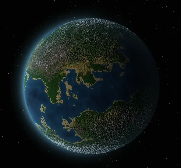From medium distance the noise reads as surface variation: oceans, green landmasses, and clouds. Up close the procedural origin would be obvious. A noise-based Earth-like planet from medium distance