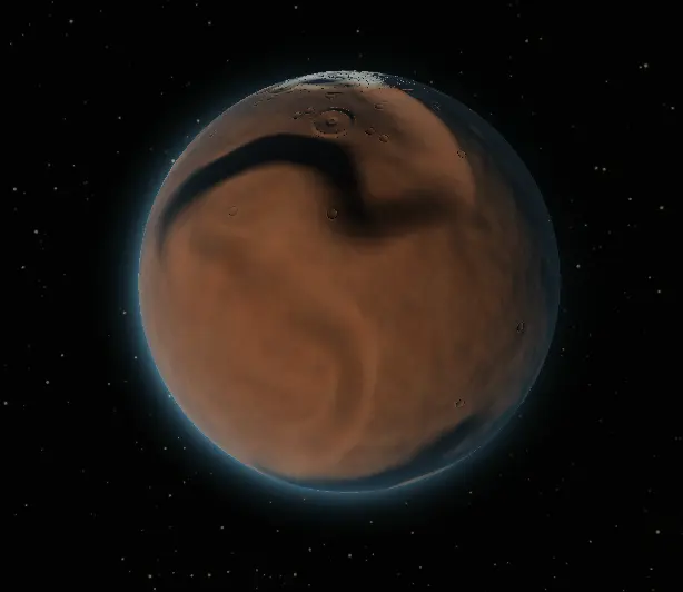 A desert noise planet with a brown-orange surface, scattered craters, and a thin blue atmosphere. A noise-based desert planet up close