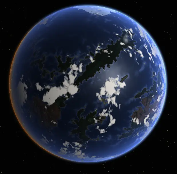 The erosion simulation produces continents, coastlines, and biome variation. A warm glow catches the left limb; white clouds scatter across the surface. An erosion-simulated planet with cloud cover