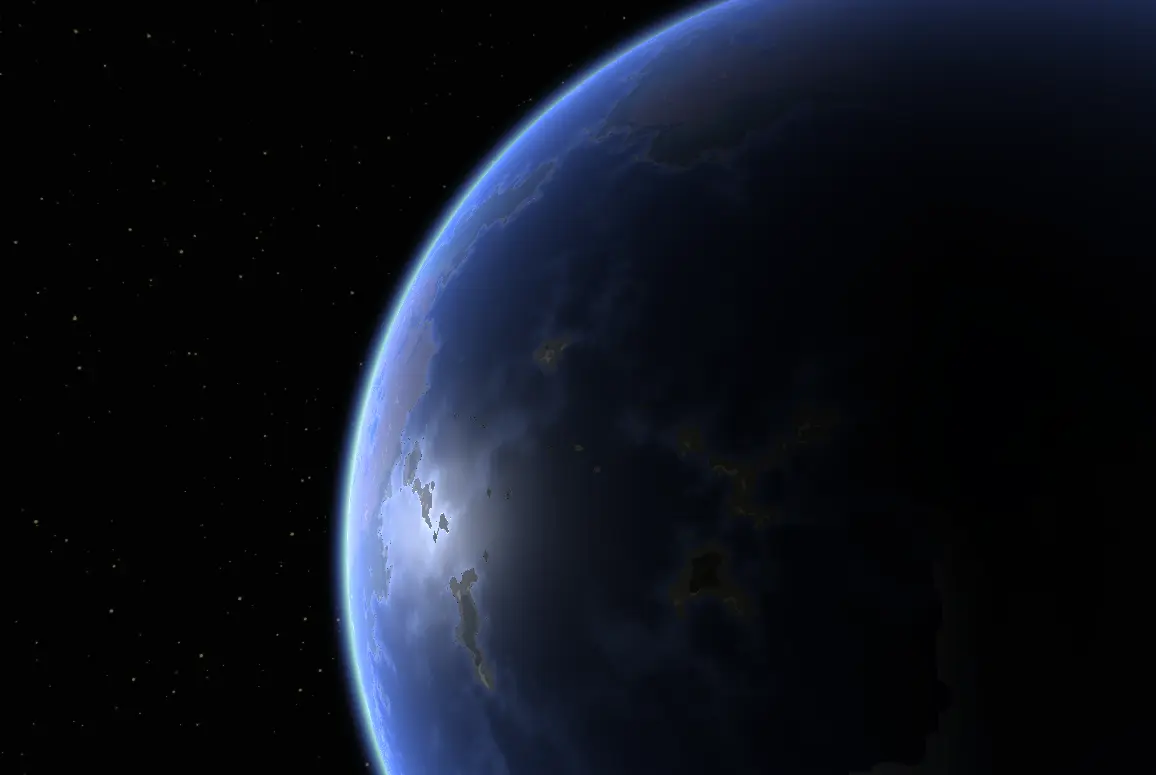 A tight view of the limb showing the cyan atmospheric glow, and irregular coastlines. Close-up of the erosion-simulated planet's limb