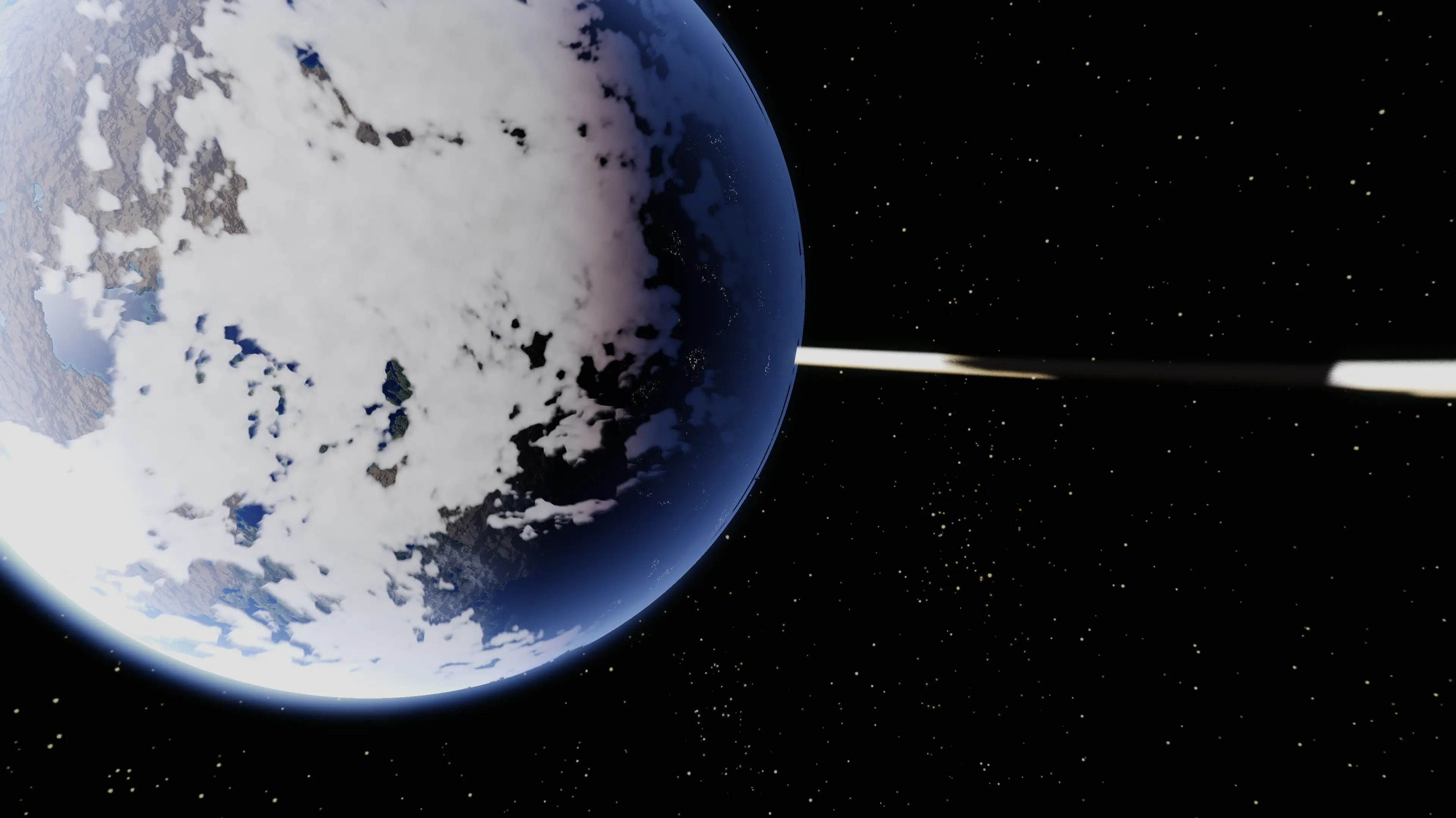Heavy clouds obscure much of the surface, but the underlying terrain data drives where land and ocean appear. A bright streak cuts across the right side of the frame. The simulated planet with thick cloud cover