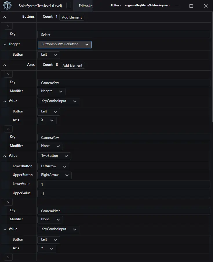 Keymap editor showing DomVariant dropdowns for button triggers and axis values