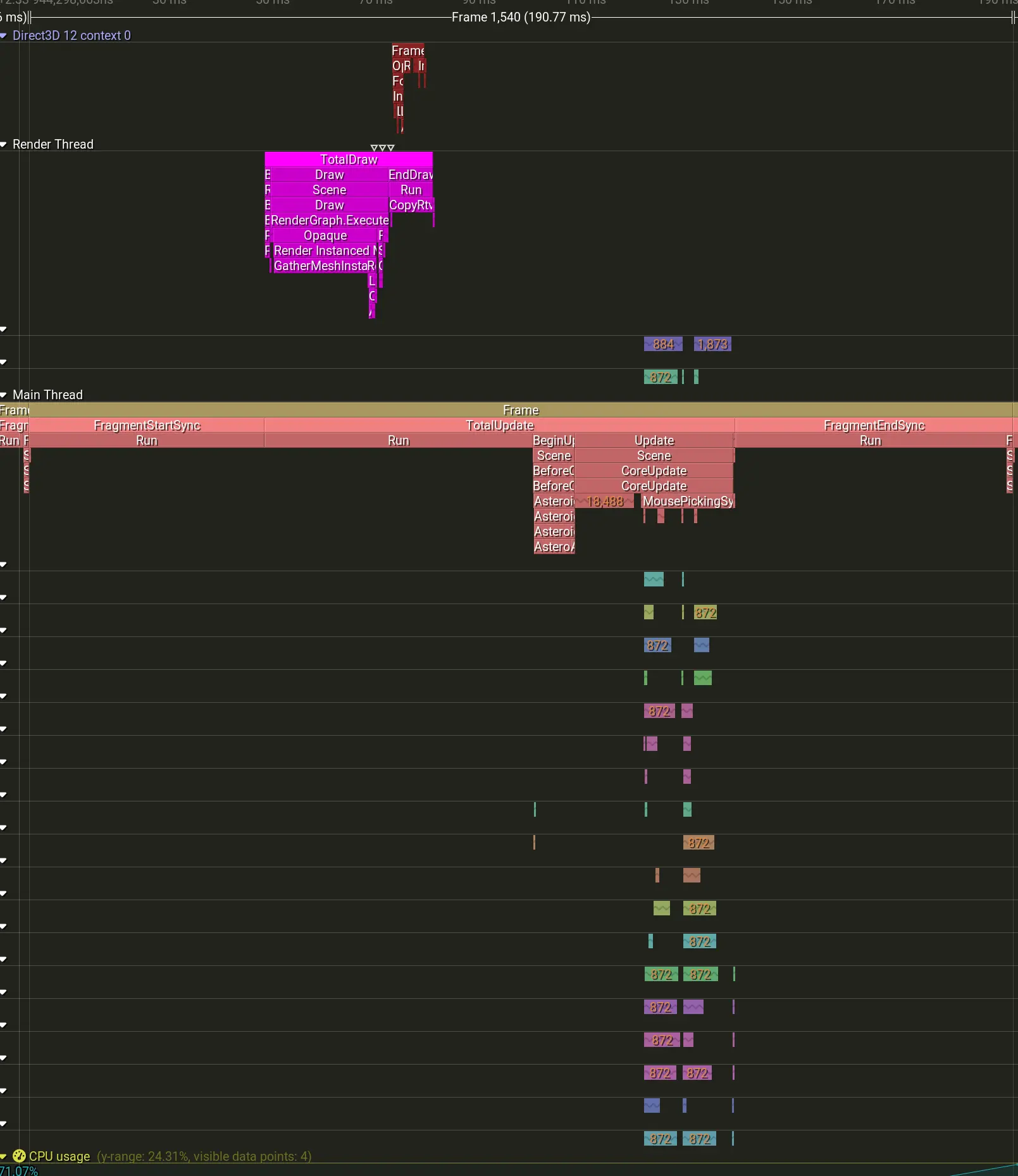 Tracy profiler showing a 190ms frame