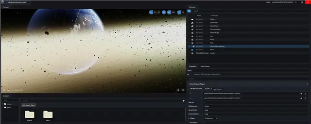 Level Editor layout with the asteroid belt test scene open