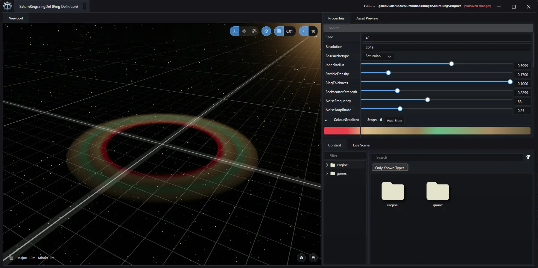 Ring Definition editor for SaturnRings.ringDef, with parameters for radius, density, colour gradient, and a live viewport
