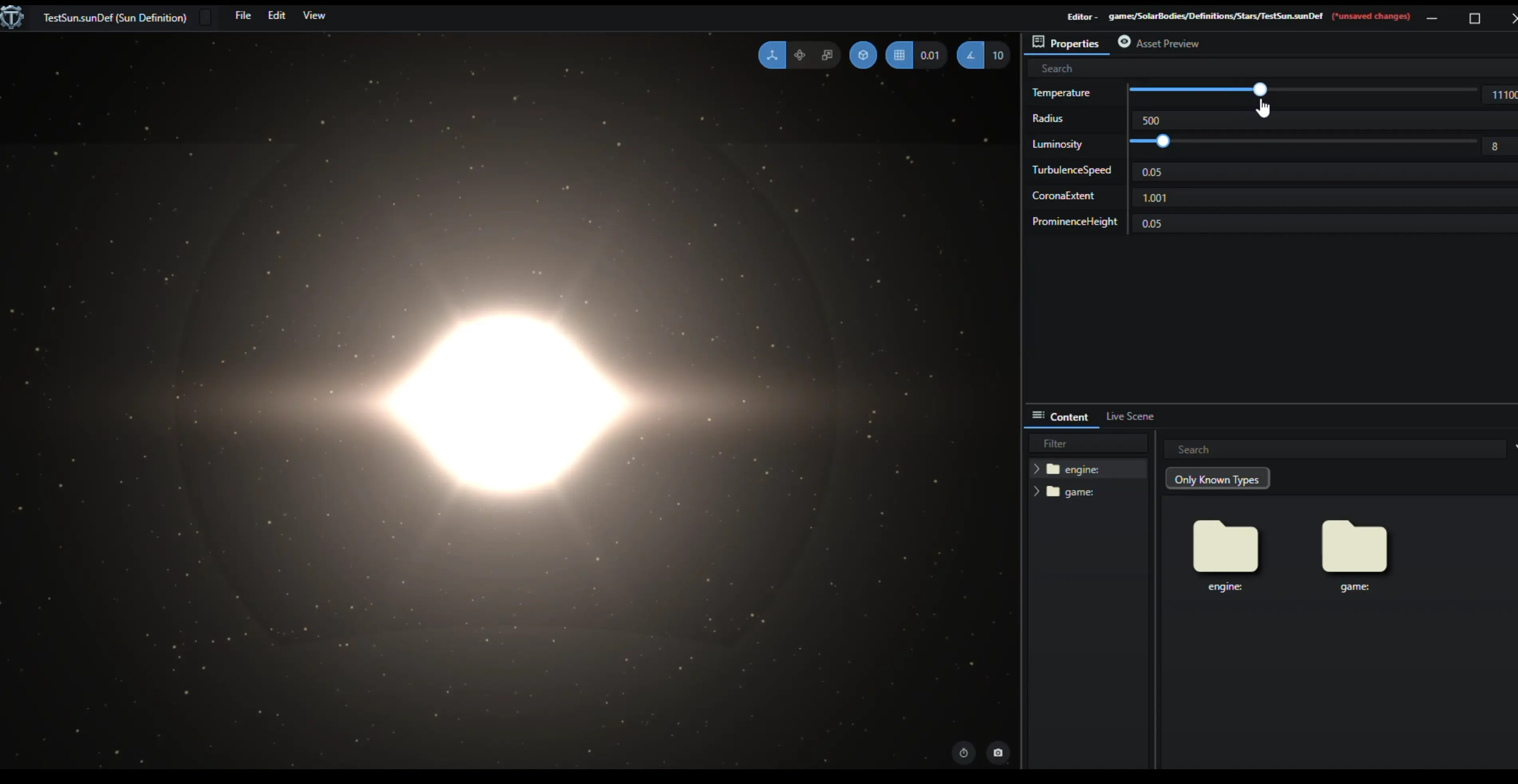 Sun Definition editor with temperature, radius, and luminosity sliders and a live star preview
