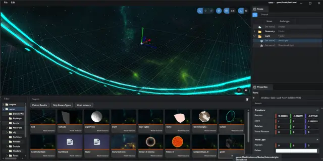 Asset browser with mesh instance thumbnails and point light gizmo in the viewport
