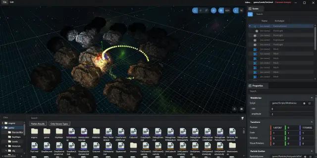 Asteroid field with particle emitter, script parameters, and spline path visible