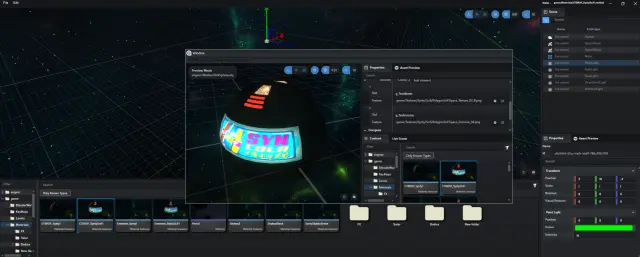 Material instance preview window with texture slot editing and asset browser