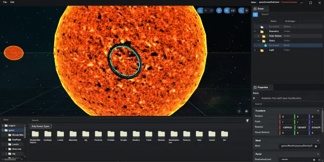 Portal entity selected on a sun surface, with scene hierarchy and transform properties