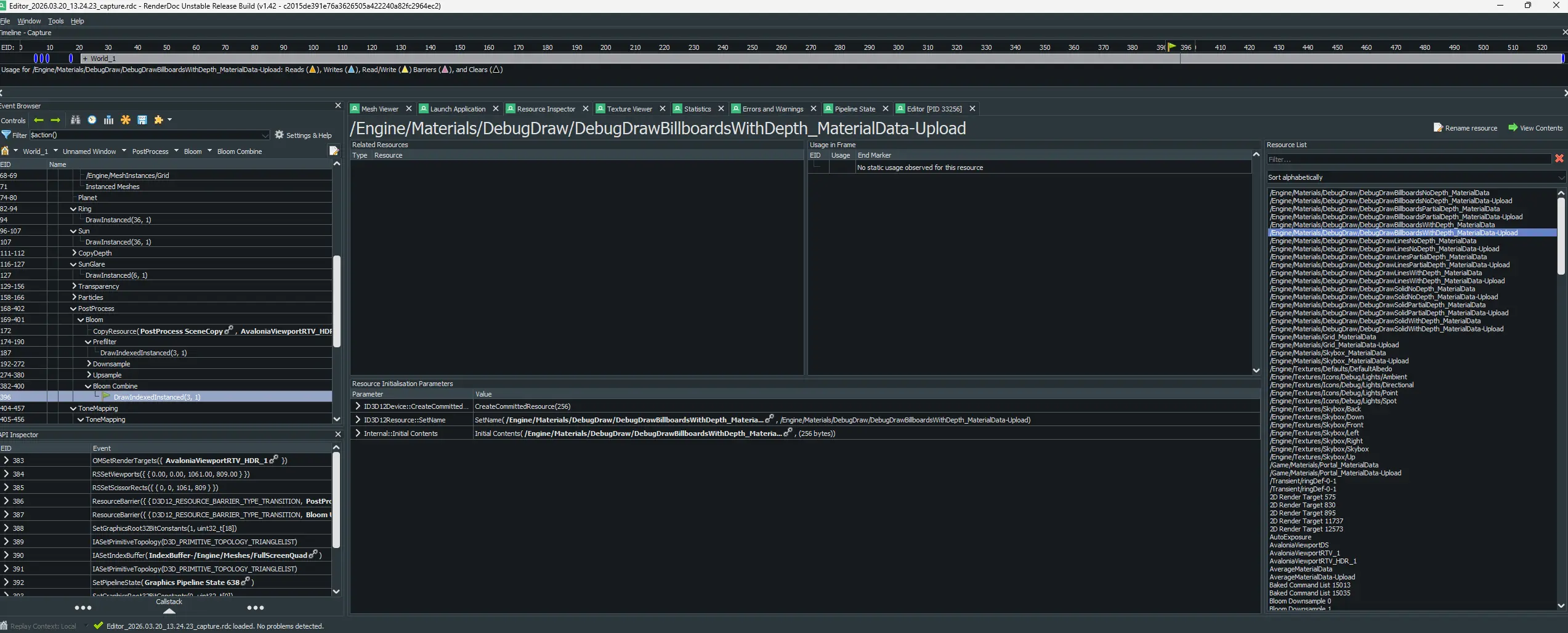 Captured frame open in RenderDoc, showing the event browser with draw calls, resource inspector, and resource list