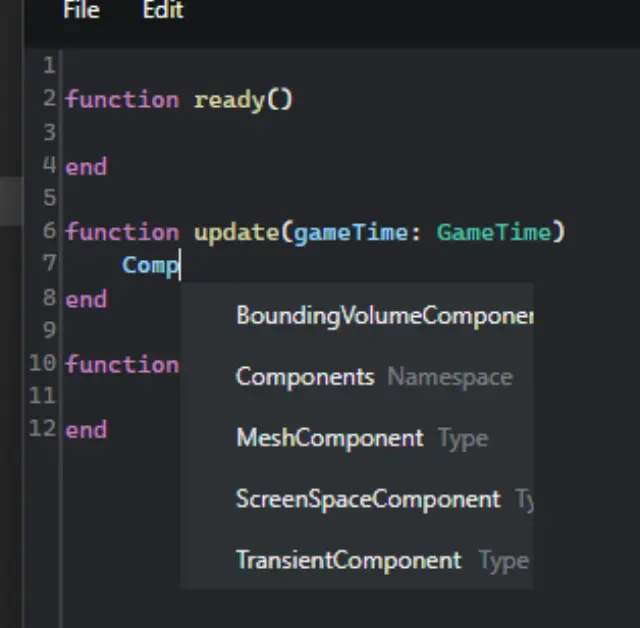 Autocomplete suggesting component types from the ECS binding layer