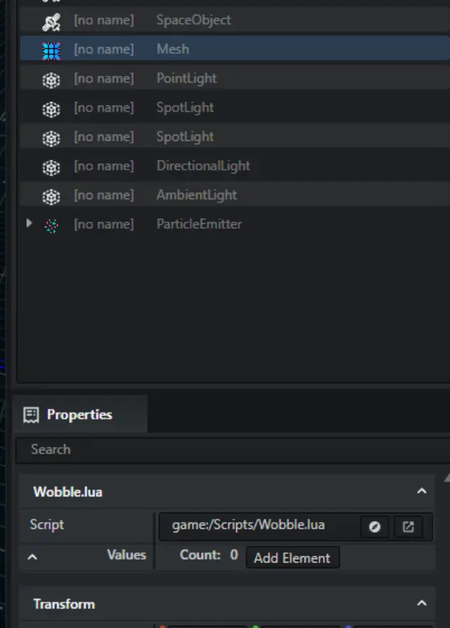 Script attached to an entity via the properties panel