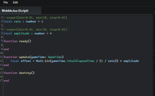Luau script with exported parameters, ready/update/destroy lifecycle functions