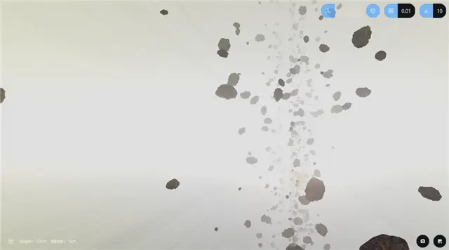 View from within an asteroid belt, with individual rock meshes at varying distances