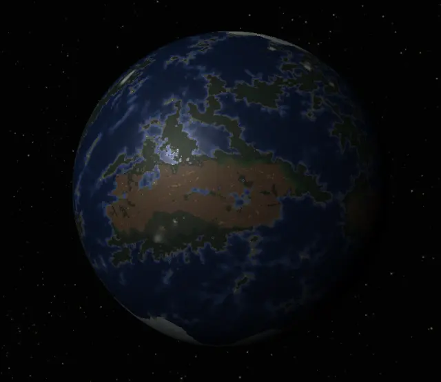 Planet with visible biome variation: ocean, desert, vegetation, and cloud cover