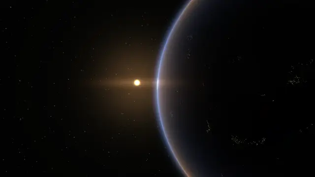 Star rising behind a planet, city lights visible on the night side